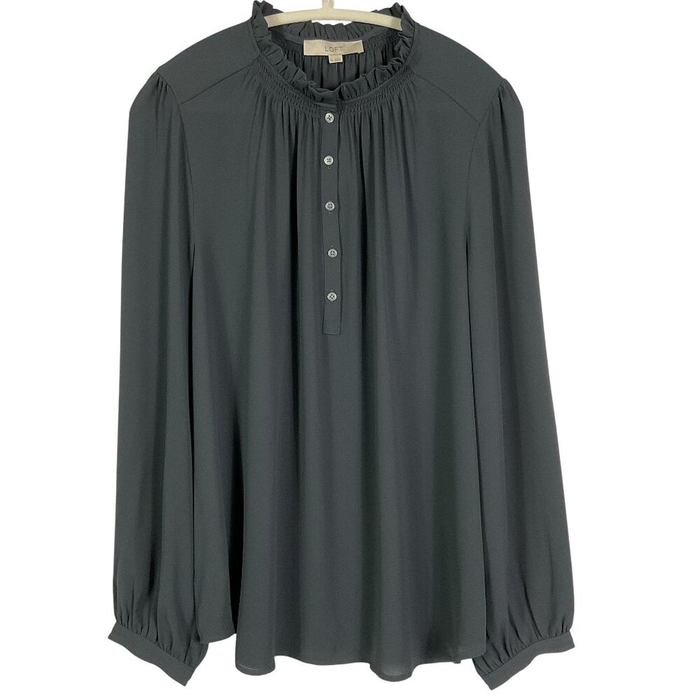 NWT LOFT Long Sleeve, Ruffle Neck Blouse in Dark Gray, XL, 100% Poly